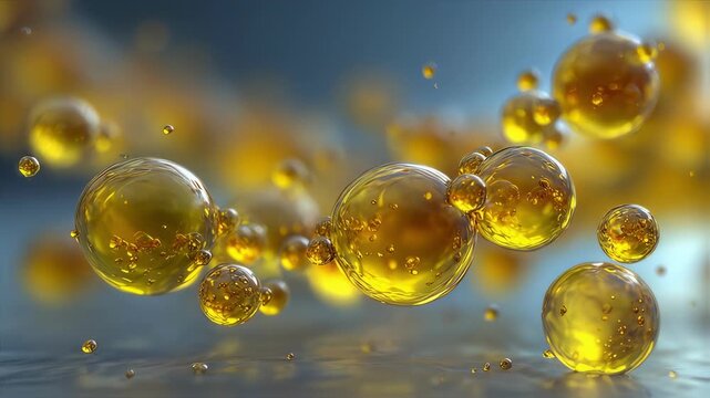Macro view of lipid molecules decomposing releasing intermittent flashes of yellow energy in a biological context.