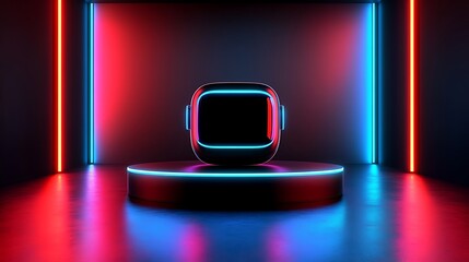 Futuristic display podium with glowing neon lights.