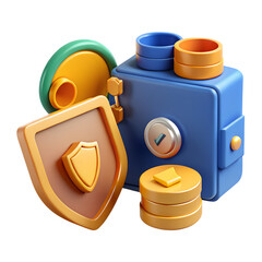 Financial Security 3D Illustration - Safe Deposit Box, Digital Wallet, Shield Protection, Credit Card Safety, Money Magnet, Crypto Coin and Investment Funnel Concept