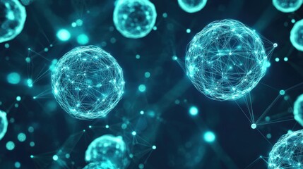 Obraz premium Abstract representation of interconnected spheres, glowing turquoise, intricate network of lines.