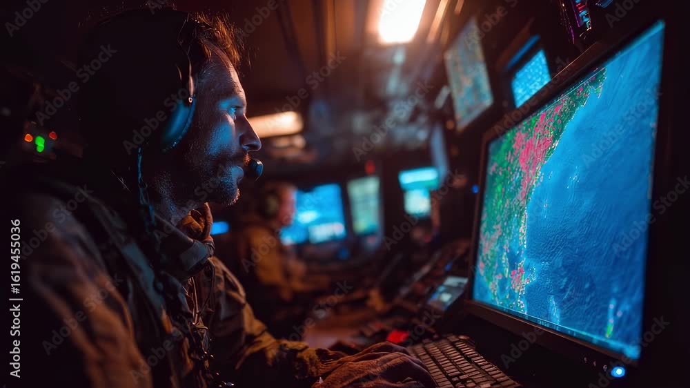 Poster military operator wearing a headset and working late at night in the surveillance room, analyzing da