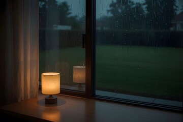 Table Lamp by Window on a Rainy Day