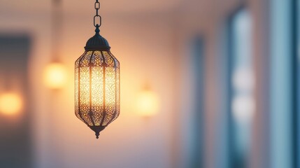 Close up view of an ornate traditional Islamic lantern hanging in a room casting a warm glowing light and creating a cozy