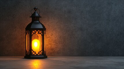 Closeup of a glowing traditional Islamic style lantern casting a warm radiant light and creating a cozy atmospheric ambiance in a dimly lit room interior