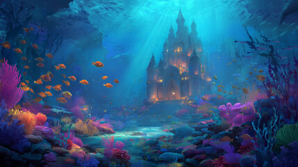 Underwater castle with fish and coral reef in a vibrant blue ocean setting
