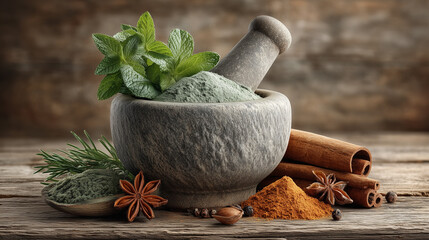 Beautifully composed rustic display of aromatic spices, fresh herbs, traditional mortar and pestle on wooden surface, natural ayurvedic and culinary themes.                           