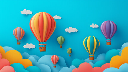Colorful hot air balloons floating in a blue sky with fluffy clouds below them