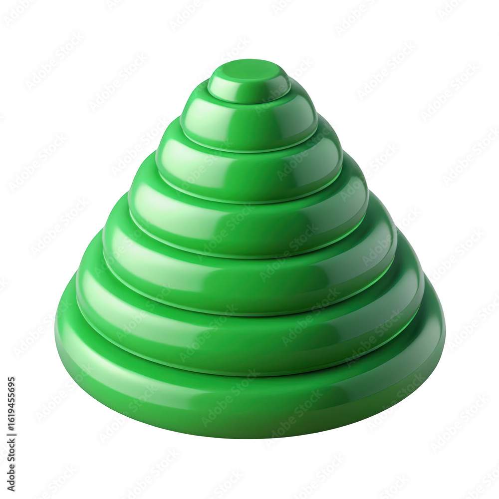 Poster shiny green pyramid composed of stacked rings isolated on background concept for organizational stru