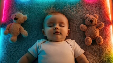 Peaceful Sleeping Baby Resting Comfortably in Cozy Nursery Surrounded by Soft Plush Toys and Calming Bedroom Decor