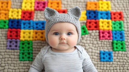 Adorable Baby Playing with Vibrant Colorful Blocks on Neutral Textured Mat   Infant Exploring and Discovering Toys in Peaceful Home Setting
