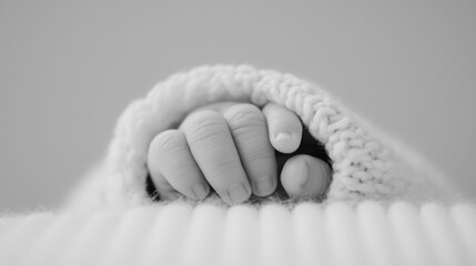 Newborn baby s tiny hand grasping an adult finger in a soft blurred close up conveying the tender connection and loving bond between child and caregiver  This serene