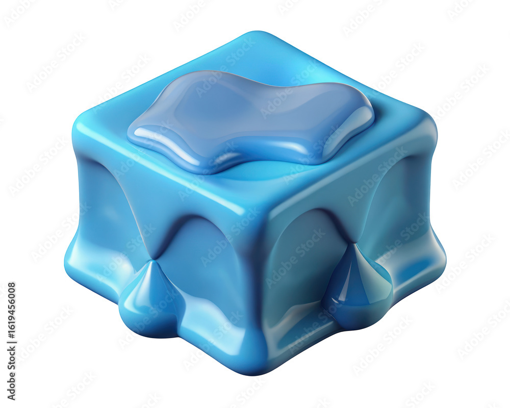 Poster stylized 3d render of a melting blue cube with glossy water drops against a dark background showcasi