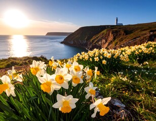Daffodils on a cliff overlooking the ocean at sunset
