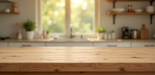 Blank brown wooden counter table in soft sunlight	