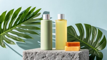 Natural skincare products with tropical leaves and soap bars