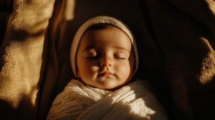 Adorable newborn baby peacefully sleeping swaddled in a soft cozy blanket with gentle afternoon sunlight streaming in creating a serene and comforting scene