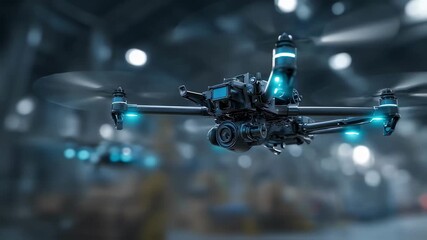 Advanced drone with glowing lights hovers in a bustling industrial warehouse, showcasing the integration of cutting edge technology and automation in modern logistics and inventory management - Powered by Adobe