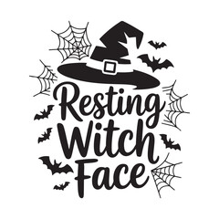 Resting Witch Face Halloween Design with Hat Bats and Spiderwebs