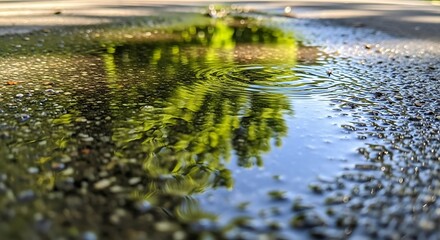 Fototapeta premium Photo of reflection of a tree in a puddle on a sunny day in the park