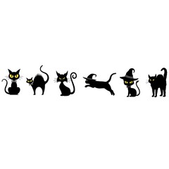 Set halloween black cat silhouette line art vector illustration