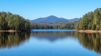 Serene lake reflecting a mountain range.