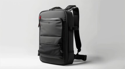 Fototapeta premium This sleek black backpack, perfect for carrying electronics, looks ready for adventures. It blends organization with a minimalist urban aesthetic.