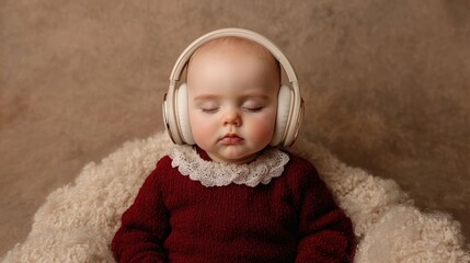 Adorable baby resting peacefully and listening to music with oversized headphones in a cozy comfortable home setting  The baby appears calm content and lost in the soothing sounds