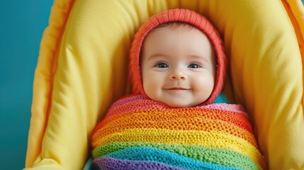 Cheerful baby sitting in a stroller wrapped in a vibrant multicolored knit blanket enjoying the peaceful and serene setting of a park