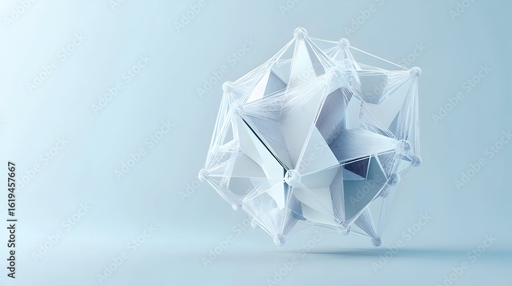 Poster abstract geometric shape with triangular facets and interconnecting lines on light blue
