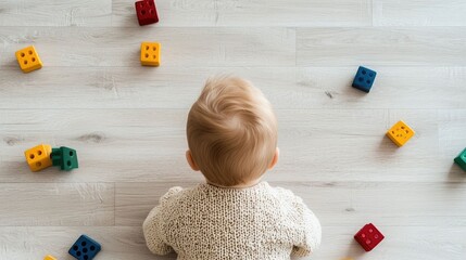Adorable baby or toddler sitting on a warm wooden floor surrounded by a variety of bright colorful educational toys and building blocks in a cozy nurturing home environment