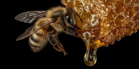 Honey Bee on Honeycomb with Dripping Honey
