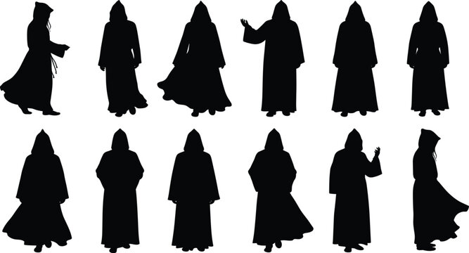 Hooded monk silhouette collection, mysterious robe figures, fantasy wizard characters, medieval costume illustration, magical figure poses, cloaked person design, gothic Halloween concept art