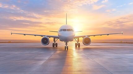 White jetliner on tarmac at sunrise.