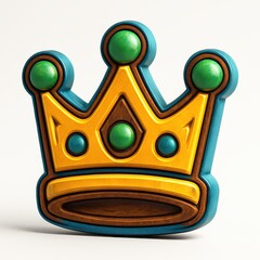 Cartoonish 3 D Crown Illustration with Yellow and Teal Colors and Green Gemstones on White