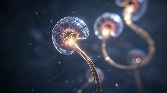 Dynamic CGI showing the movement of bright crystalline kidney stones causing ureter constriction with radiant reflections.