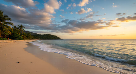 Tropical beach at twilight: Serene view with calming waves and vibrant sky colors