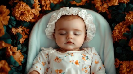 Newborn baby peacefully sleeping in a cozy floral bassinet surrounded by a dreamy serene atmosphere  This image captures the tender innocent beauty of a newborn s slumber in a tranquil