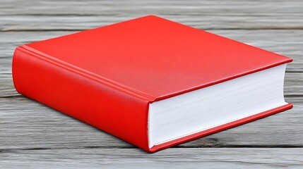 Red book resting on a wooden surface.