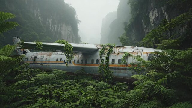 Forgotten airplane lost in dense jungle