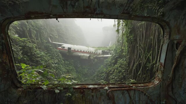 Overgrown plane wreck in dense jungle