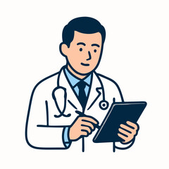 A male doctor in a white coat examines a tablet with a stethoscope around his neck in a clinical setting.