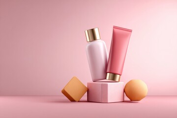 Pink Skincare Product Bottles Mockup on Minimal Pink Background