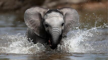 Adorable fluffy baby elephant splashing water with its trunk