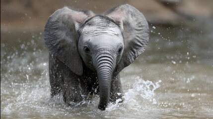 Fototapeta premium Adorable fluffy baby elephant splashing water with its trunk