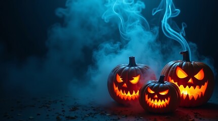 Spooky jack o lanterns glow with fiery light amidst eerie blue smoke on a dark night
