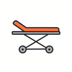 Graphic illustration of an orange reclining chair on a wheeled dolly against a white background