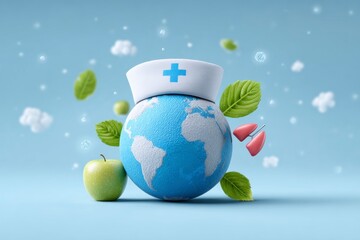 3D Earth with Medical Cap and Green Apples