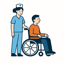 Nurse assisting a disabled man in a wheelchair with care and support in a clinical setting.