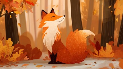 Fototapeta premium Cartoon fluffy fox with bushy tail sitting in autumn forest with falling leaves