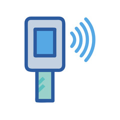 Digital thermometer with blue waves isolated on black background